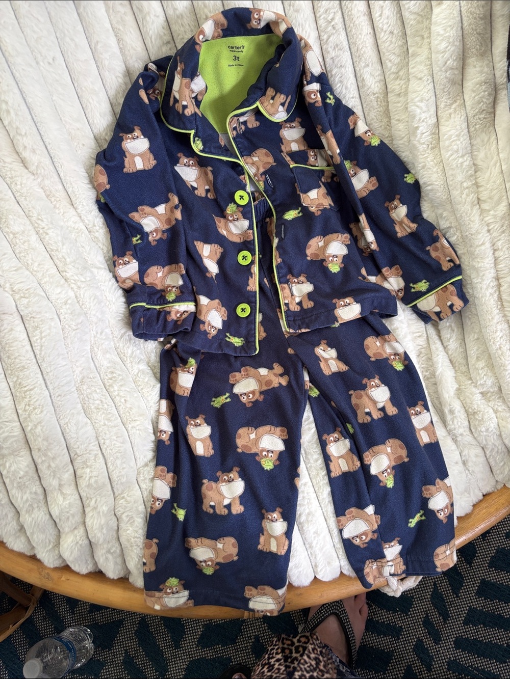 Carter's Navy Bear Print Pajama Set with Lime Trim